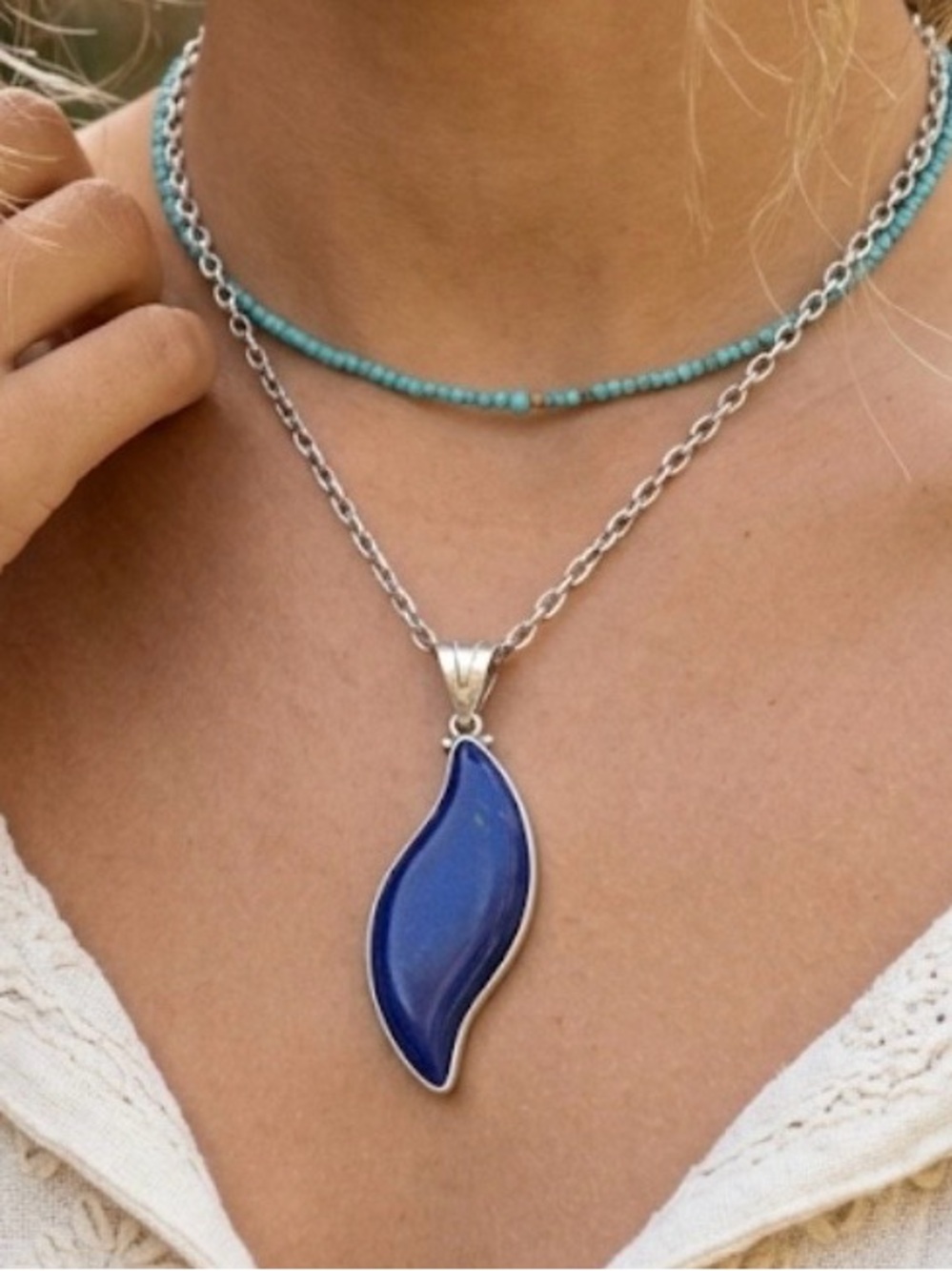 Vintage Mexican Sterling Silver Lapis Lazuli Modernist Flame Leaf Pendant